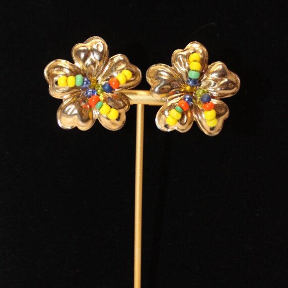 Golden Floral Clip-on Earrings with Primary Color Bead Centers - Picture 1 of 7